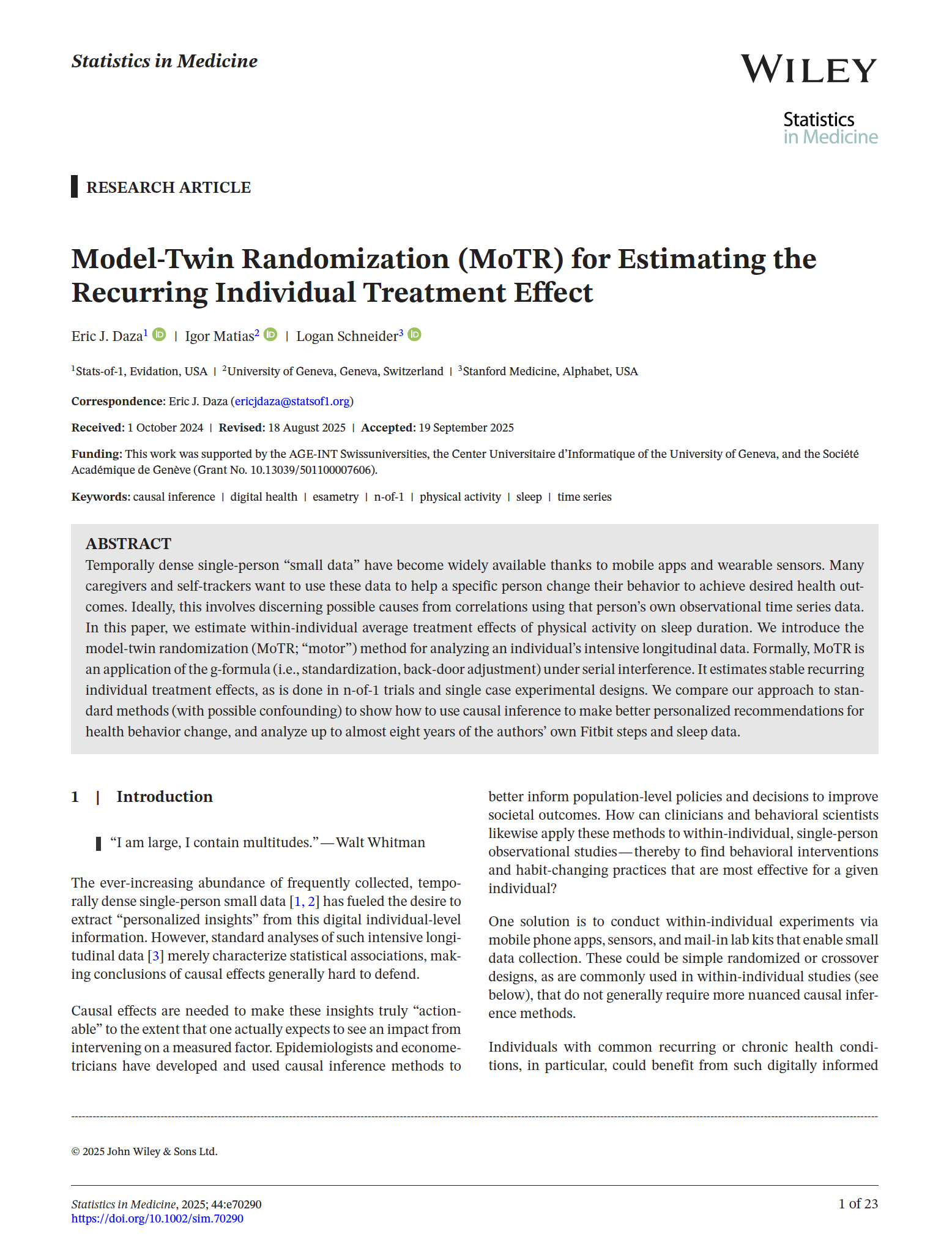 the first page of the scientific publication titled “Model-Twin Randomization (MoTR) for Estimating the Recurring Individual Treatment Effect” found at tinyurl.com/dazaetal2025fulltext