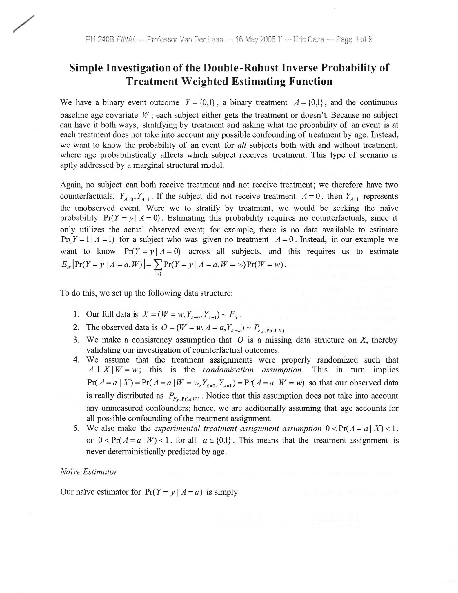 the first page of Eric J. Daza’s submitted final exam responses for PH 240B on 16 May 2006 at UC Berkeley taught by Mark van der Laan