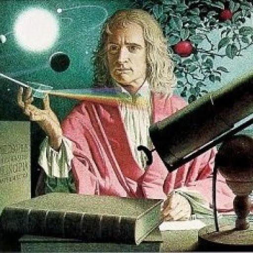 a cropped picture of Sir Isaac Newton surrounded by symbols of some of his greatest findings, in an illustration by Jean-Leon Huens